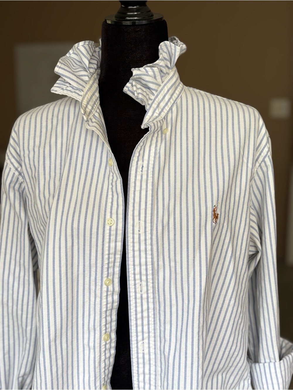 Reworked Ralph Lauren Blue Stripe Ruffle Collar Button-Up Top - Picture 7 of 15